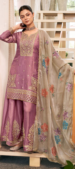 Purple and Violet color Salwar Kameez in Tissue fabric with Embroidered work