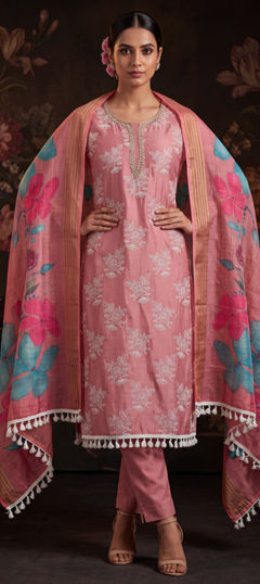 Pink and Majenta color Salwar Kameez in Silk cotton fabric with Bugle Beads, Embroidered, Zardozi work