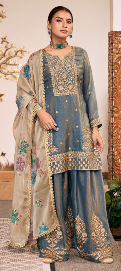 Black and Grey color Salwar Kameez in Tissue fabric with Embroidered work