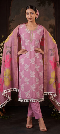 Pink and Majenta color Salwar Kameez in Silk cotton fabric with Bugle Beads, Embroidered, Zardozi work