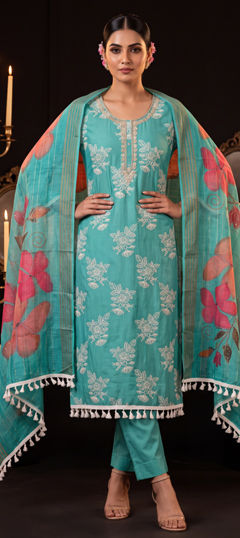 Blue color Salwar Kameez in Silk cotton fabric with Bugle Beads, Embroidered, Zardozi work