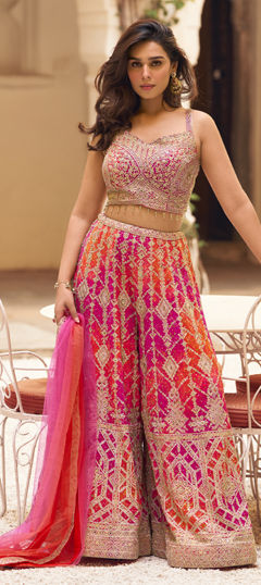 Pink and Majenta color Salwar Kameez in Chinon Silk fabric with Embroidered, Mirror, Swarovski, Zircon work