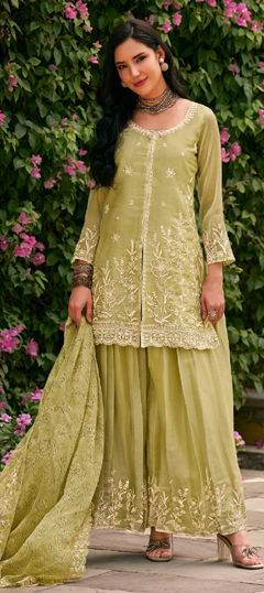 Green color Salwar Kameez in Silk fabric with Embroidered work