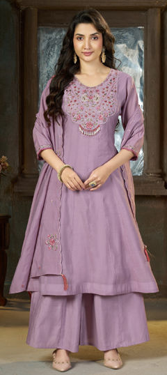 Pink and Majenta color Salwar Kameez in Mul Chanderi fabric with Embroidered, Sequence, Thread work