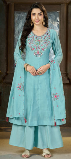 Blue color Salwar Kameez in Mul Chanderi fabric with Embroidered, Sequence, Thread work