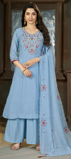 Blue color Salwar Kameez in Mul Chanderi fabric with Embroidered, Sequence, Thread work