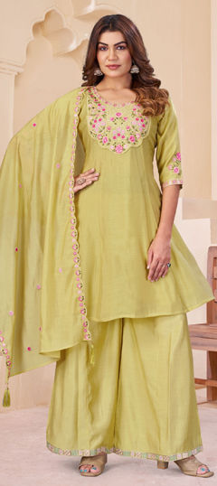 Yellow color Salwar Kameez in Mul Chanderi fabric with Cut Dana, Embroidered work