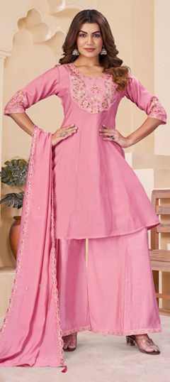 Pink and Majenta color Salwar Kameez in Mul Chanderi fabric with Cut Dana, Embroidered work