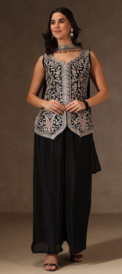 Black and Grey color Salwar Kameez in Chinon Silk fabric with Embroidered, Sequence work