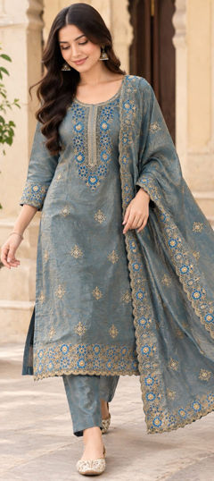 Black and Grey color Salwar Kameez in Tissue fabric with Embroidered work