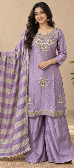 Purple and Violet color Salwar Kameez in Silk fabric with Bugle Beads, Stone work