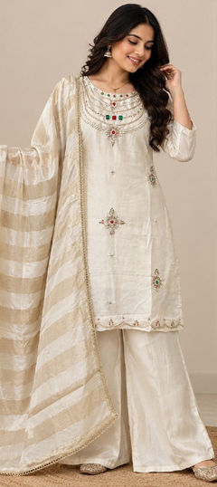 White and Off White color Salwar Kameez in Silk fabric with Bugle Beads, Stone work