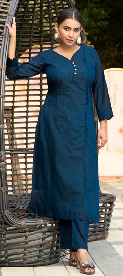 Blue color Salwar Kameez in Roman Silk fabric with Embroidered, Resham work