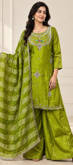 Green color Salwar Kameez in Silk fabric with Bugle Beads, Stone work