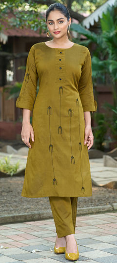 Yellow color Salwar Kameez in Roman Silk fabric with Embroidered, Resham work