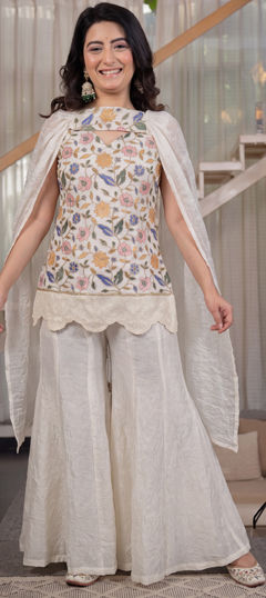 White and Off White color Salwar Kameez in Crushed Silk fabric with Embroidered work