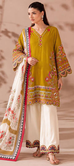 Yellow color Salwar Kameez in Cotton fabric with Embroidered work