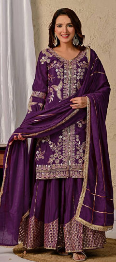 Purple and Violet color Salwar Kameez in Chinon Silk fabric with Embroidered, Sequence work