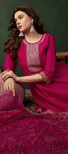 Pink and Majenta color Salwar Kameez in Silk fabric with Embroidered work