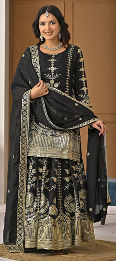 Black and Grey color Salwar Kameez in Silk fabric with Embroidered, Sequence work