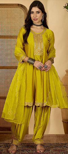 Yellow color Salwar Kameez in Silk fabric with Embroidered work