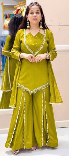 Green color Salwar Kameez in Roman Silk fabric with Mirror work