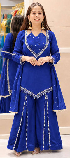 Blue color Salwar Kameez in Roman Silk fabric with Mirror work