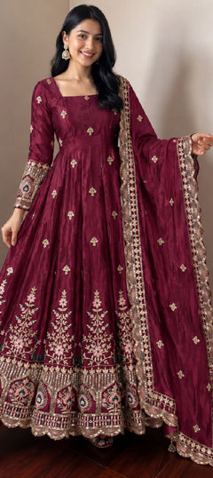 Red and Maroon color Salwar Kameez in Silk fabric with Embroidered, Sequence work