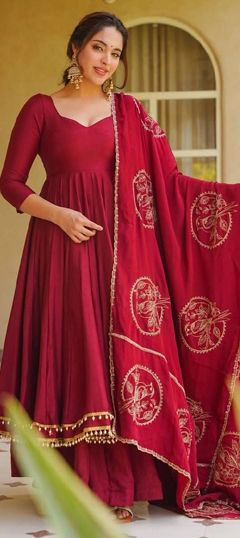 Red and Maroon color Salwar Kameez in Roman Silk fabric with Lace work