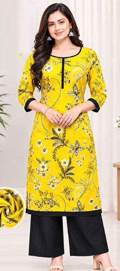 Yellow color Salwar Kameez in Cotton Slub fabric with Printed work