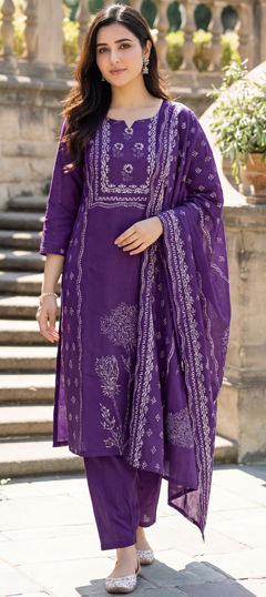 Purple and Violet color Salwar Kameez in Muslin fabric with Printed work