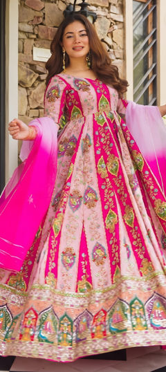 Multicolor color Gown in Chinon Silk fabric with Printed, Sequence, Thread work