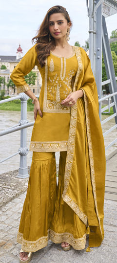 Yellow color Salwar Kameez in Silk fabric with Embroidered work