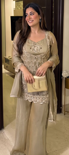 Gold color Salwar Kameez in Crushed Silk fabric with Bugle Beads, Embroidered, Thread work