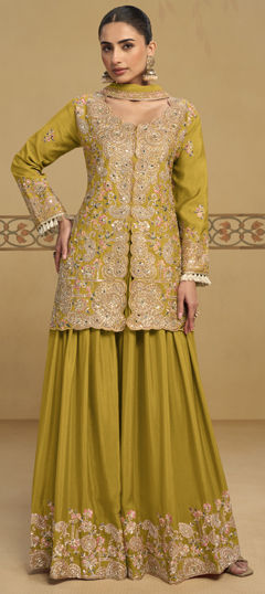 Yellow color Salwar Kameez in Chinon Silk fabric with Embroidered, Mirror, Sequence, Zari work