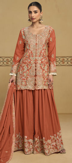 Orange color Salwar Kameez in Chinon Silk fabric with Embroidered, Mirror, Sequence, Zari work