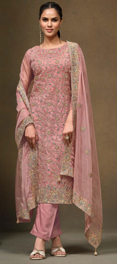 Pink and Majenta color Salwar Kameez in Organza Silk fabric with Embroidered, Sequence work