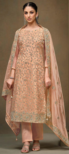 Pink and Majenta color Salwar Kameez in Organza Silk fabric with Embroidered, Sequence work