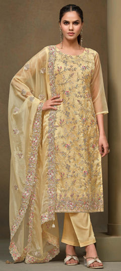 Yellow color Salwar Kameez in Organza Silk fabric with Embroidered, Sequence work