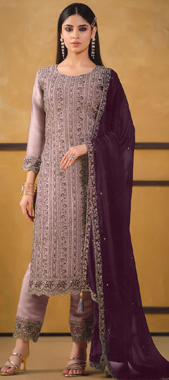 Purple and Violet color Salwar Kameez in Silk fabric with Embroidered, Sequence work
