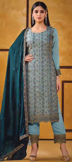 Blue color Salwar Kameez in Silk fabric with Embroidered, Sequence work