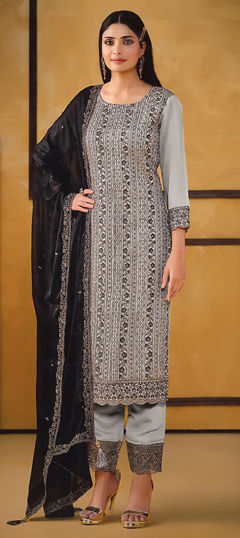 Black and Grey color Salwar Kameez in Silk fabric with Embroidered, Sequence work