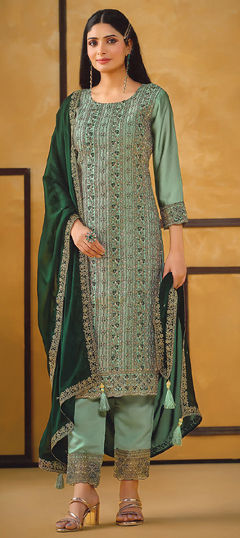 Green color Salwar Kameez in Silk fabric with Embroidered, Sequence work