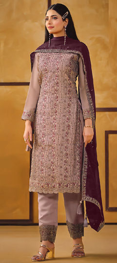 Beige and Brown color Salwar Kameez in Silk fabric with Embroidered, Sequence work