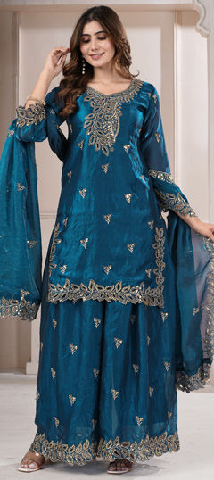 Blue color Salwar Kameez in Tissue fabric with Embroidered, Sequence work