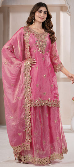 Pink and Majenta color Salwar Kameez in Tissue fabric with Embroidered, Sequence work