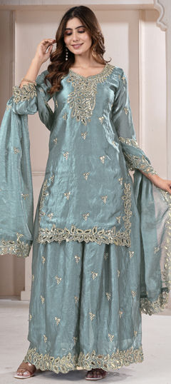 Blue color Salwar Kameez in Tissue fabric with Embroidered, Sequence work
