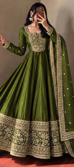 Green color Salwar Kameez in Roman Silk fabric with Embroidered, Sequence work