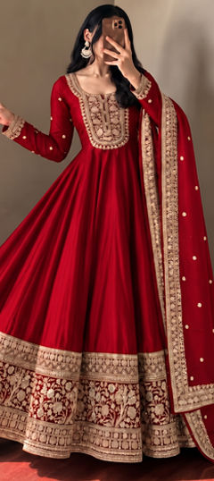 Red and Maroon color Salwar Kameez in Roman Silk fabric with Embroidered, Sequence work