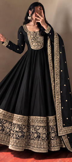 Black and Grey color Salwar Kameez in Roman Silk fabric with Embroidered, Sequence work